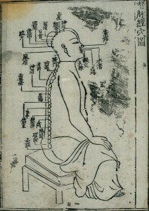 L0037827 Acupuncture chart, dumai (Governor Vessel), Chinese Credit: Wellcome Library, London. Wellcome Images images@wellcome.ac.uk http://wellcomeimages.org Woodcut illustration from an edition of 1537 (16th year of the Jiajing reign period of Ming dynasty).  The Governor Vessel (dumai) is a channel originating in the lower back. It has 27 acu-moxa locations, all of which are clearly marked. See 'Lettering' for full list of point names. Woodcut engraving Library of Zhongguo zhongyi yanjiu yuan (China Academy of Traditional Chinese Medicine) Zhenjiu juying (Collected Gems of Acupuncture and Moxibustion) Gao Wu (Ming period, 1368-1644) Published: 1537 Copyrighted work available under Creative Commons Attribution only licence CC BY 4.0 http://creativecommons.org/licenses/by/4.0/